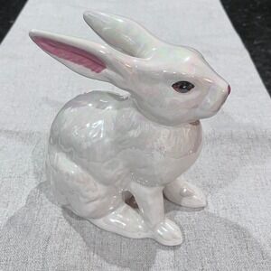 Vintage 1980s Enesco Iridescent Pearl Ceramic Bunny Rabbit Figurine White Pink